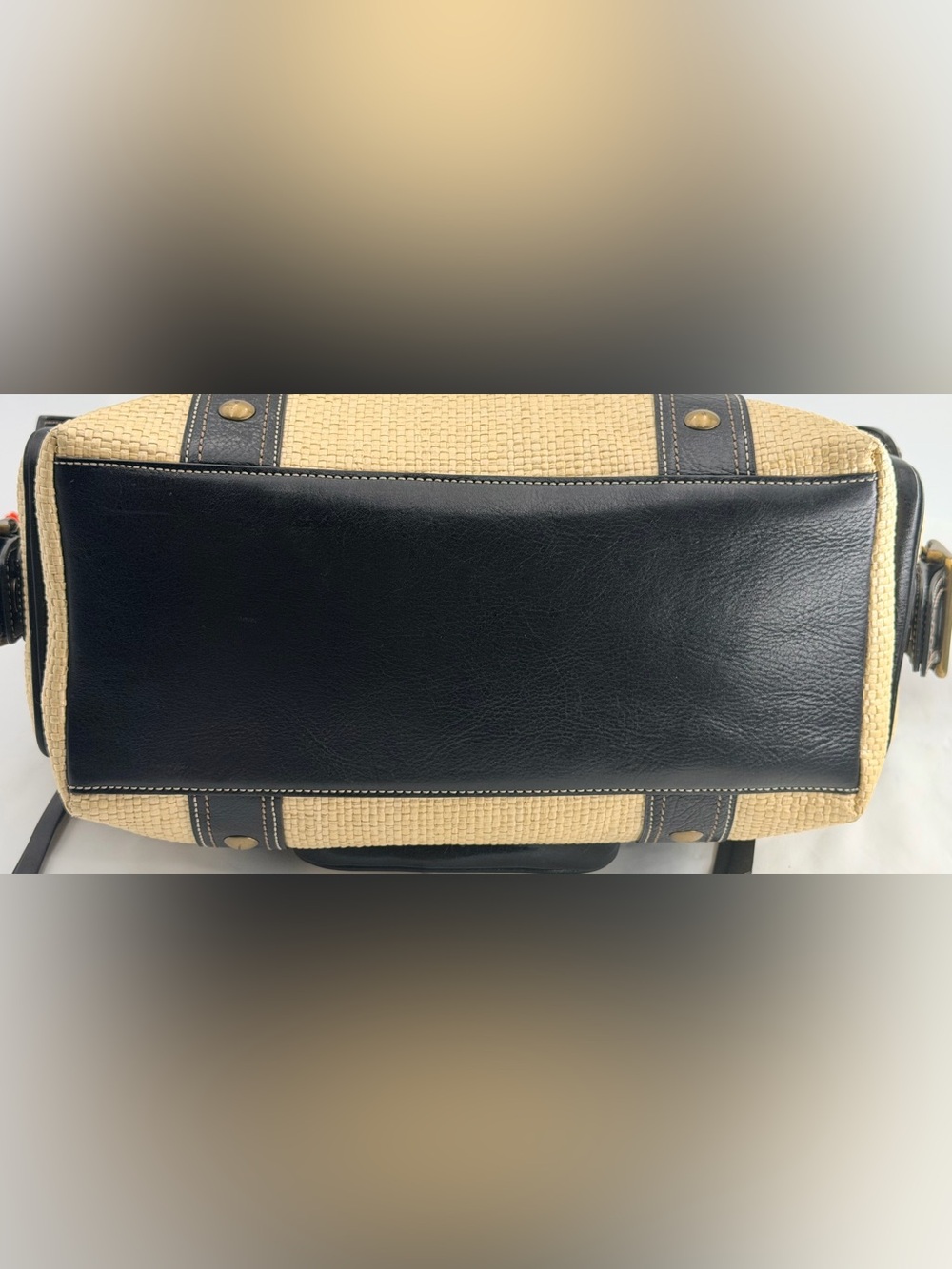 Vintage Coach Legacy Straw & Navy Blue Leather Buckle Tote - Picture 6 of 7